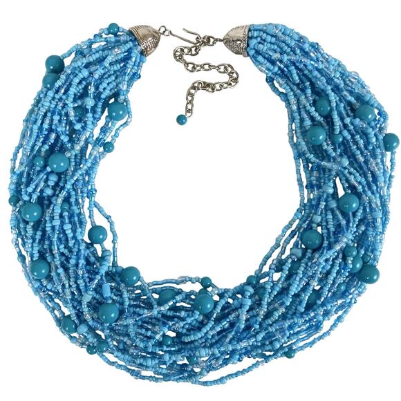 Vintage Multi Strand Blue Statement Glass Station Seed Bead Bib Collar Necklace - Picture 1 of 13